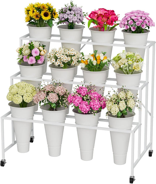 Flower Stand, 3 Tier Flower Display Stand with Buckets for Indoor and Outdoor, Flower Cart Display Stand with Wheels for Courtyard Balcony Flower Shop Wedding Party - QUORE