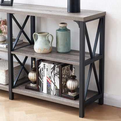 LVB Rustieke banktafel, boerderij consoletafel voor woonkamer, hal entryway tafel met opslag, entree tafel voor foyer, 55 inch grijs eiken