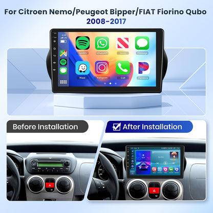 Podofo CarPlay autoradio voor Citroen Nemo/Peugeot Bipper/FIAT Fiorino, 10,1" 2G+64G touchscreen met draadloze CarPlay/Android Auto, Bluetooth, GPS + camera.