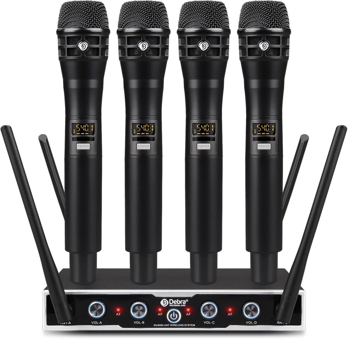 D Debra UHF draadloos microfoonsysteem, 4x16 instelbare kanalen, dynamische handheld microfoons, automatische frequentiesynchronisatie, 80m bereik voor zang en karaoke (4 microfoons)