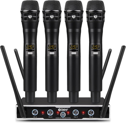 D Debra UHF draadloos microfoonsysteem, 4x16 instelbare kanalen, dynamische handheld microfoons, automatische frequentiesynchronisatie, 80m bereik voor zang en karaoke (4 microfoons)