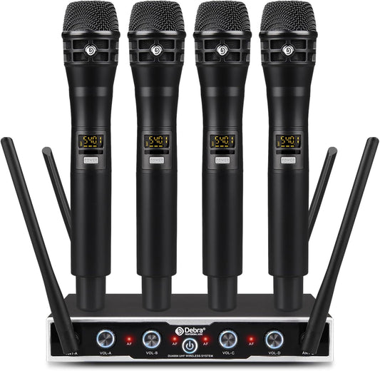 D Debra UHF draadloos microfoonsysteem, 4x16 instelbare kanalen, dynamische handheld microfoons, automatische frequentiesynchronisatie, 80m bereik voor zang en karaoke (4 microfoons)