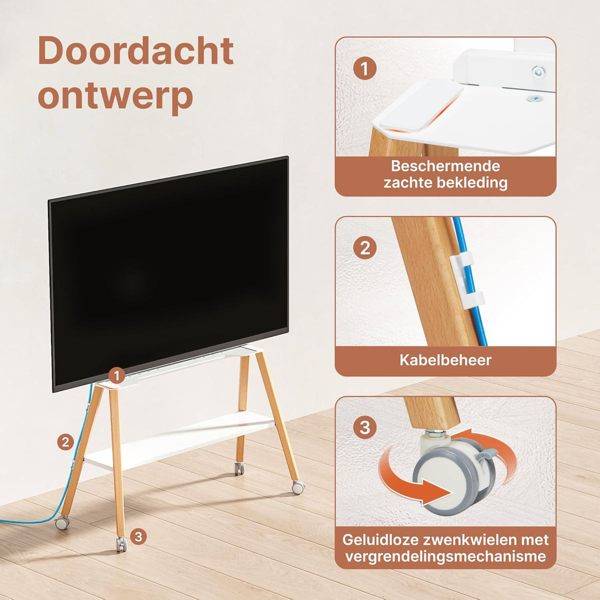 Easel TV standaard met wielen voor 49 tot 75 inch tv tot 40 kg, Easel Design met metalen structuur en houten plank, beweegbare tv-standaard op wielen voor winkel, kantoor, school, huis