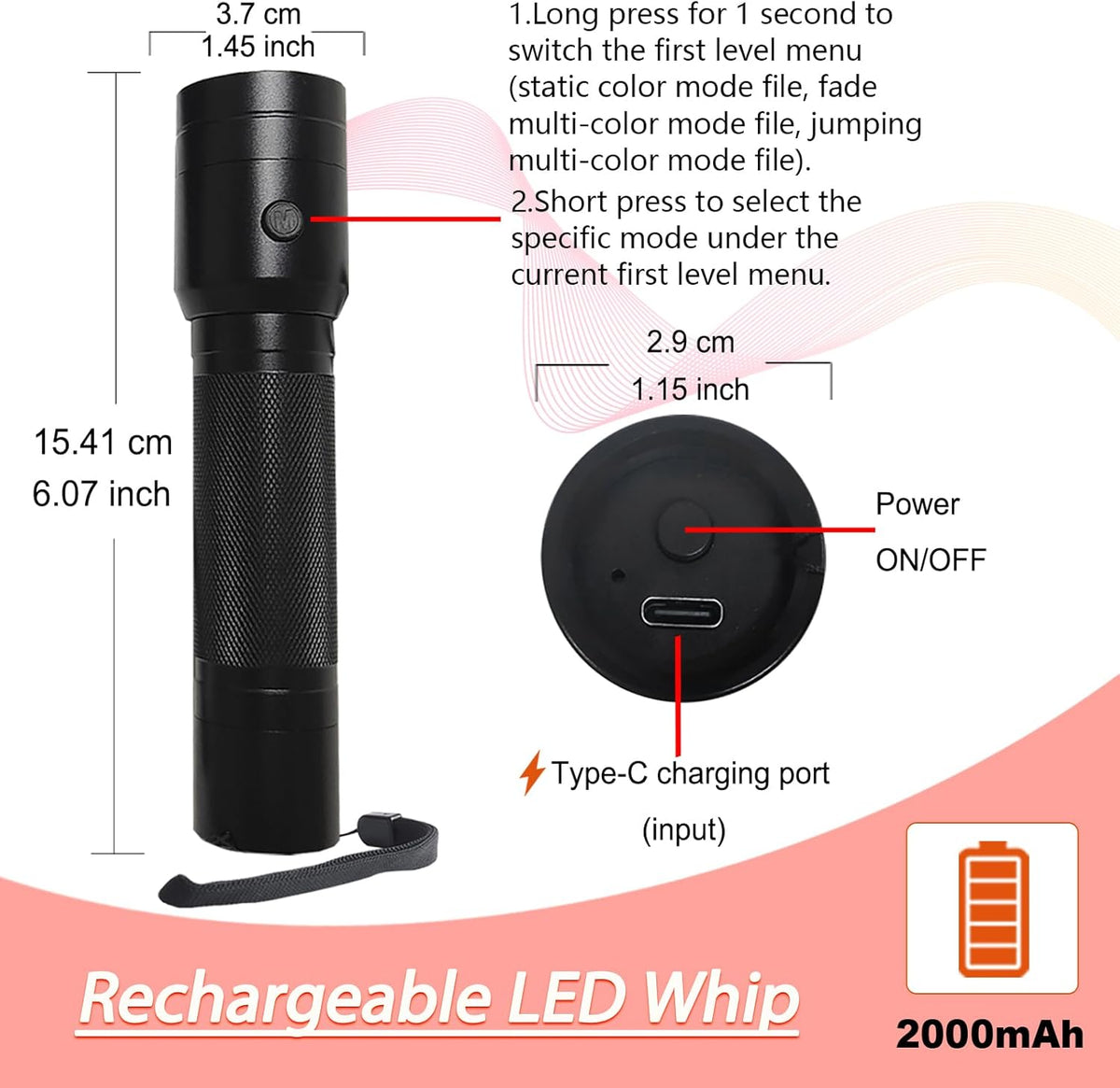 CHINLY LED Fiber Optic Zweep Oplaadbare APP Controle Dans Ruimte Zweep Super Helder Licht 40 Kleur Effect Modus 360° Draaibaar voor Dansen, Feesten, Lichtshows, EDM Muziekfestivals