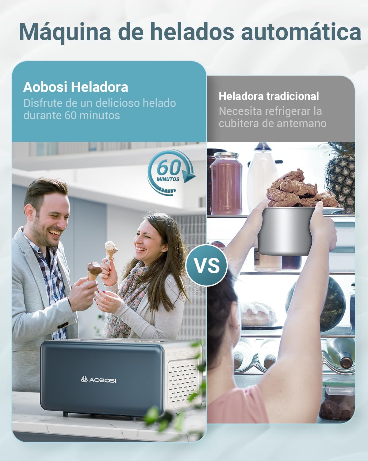 Aobosi ijsmachine, ijsmachine, ijs, yoghurt, roestvrij staal 2L, eenvoudig te bedienen, afneembare mengpeddel