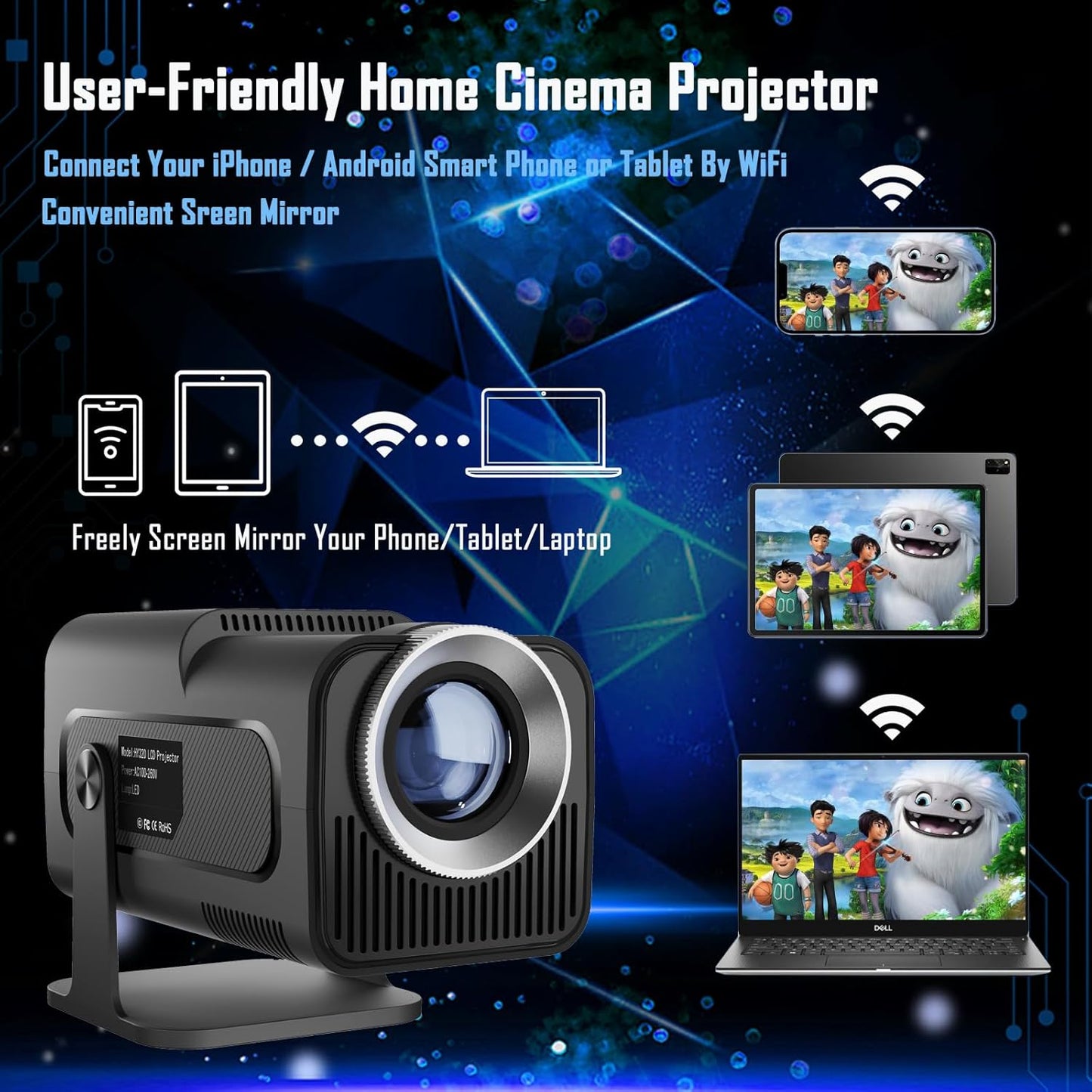 Mini-beamer Auto Keystone – EVISTR Smart, 1080p, draagbaar, thuisbioscoop, wifi, 6 BT 5.0, ondersteuning 180°Flip, 230 ANSI, bluetooth-projector voor telefoon, pc, laptop, PS5, HDMI, USB