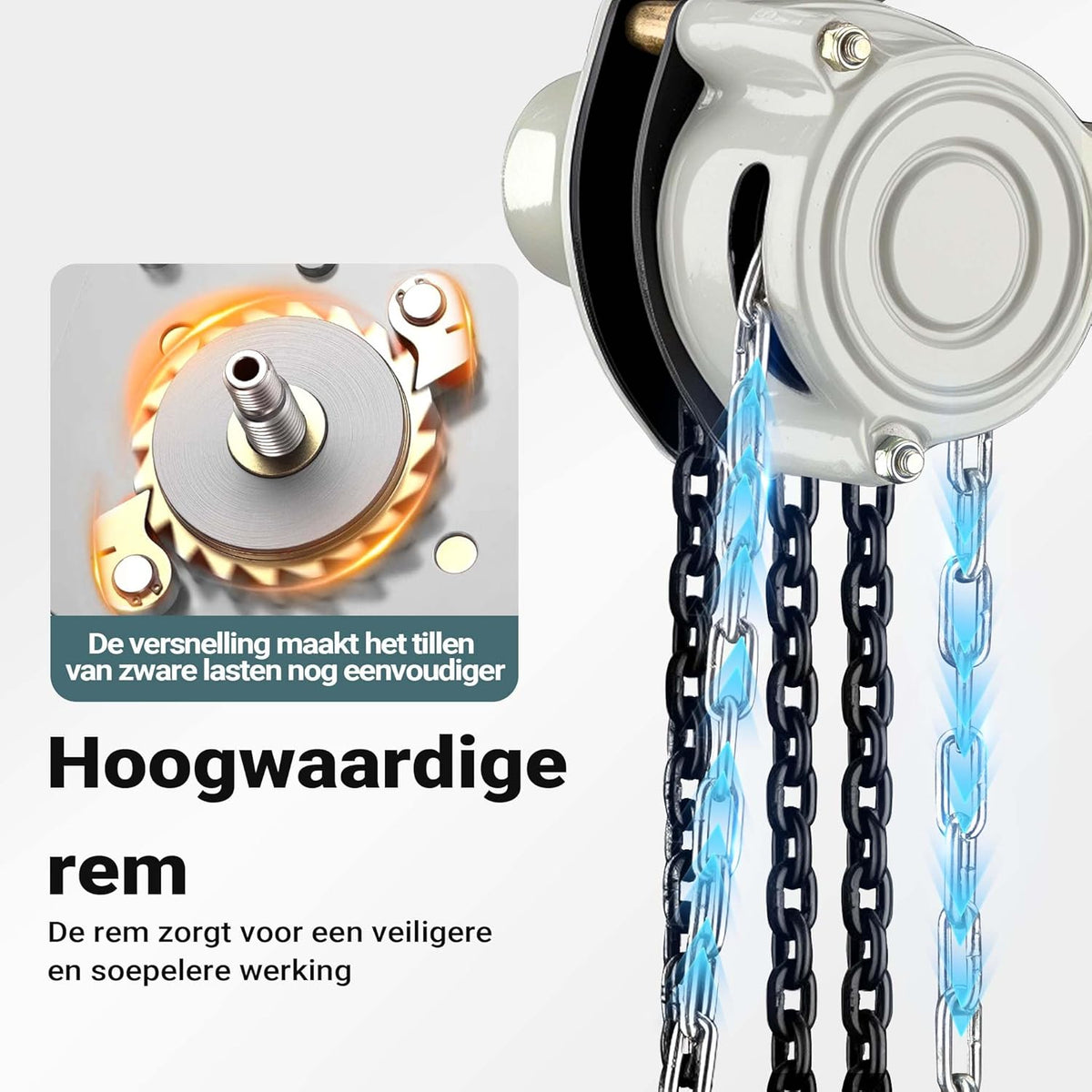 Wiltec handmatige kettingtakel 2 ton x 3 meter V21, krachtige hijstakel voor het hijsen van lasten, compacte takel met 2 haken voor zware objecten