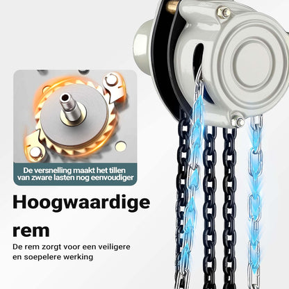 Wiltec handmatige kettingtakel 2 ton x 3 meter V21, krachtige hijstakel voor het hijsen van lasten, compacte takel met 2 haken voor zware objecten