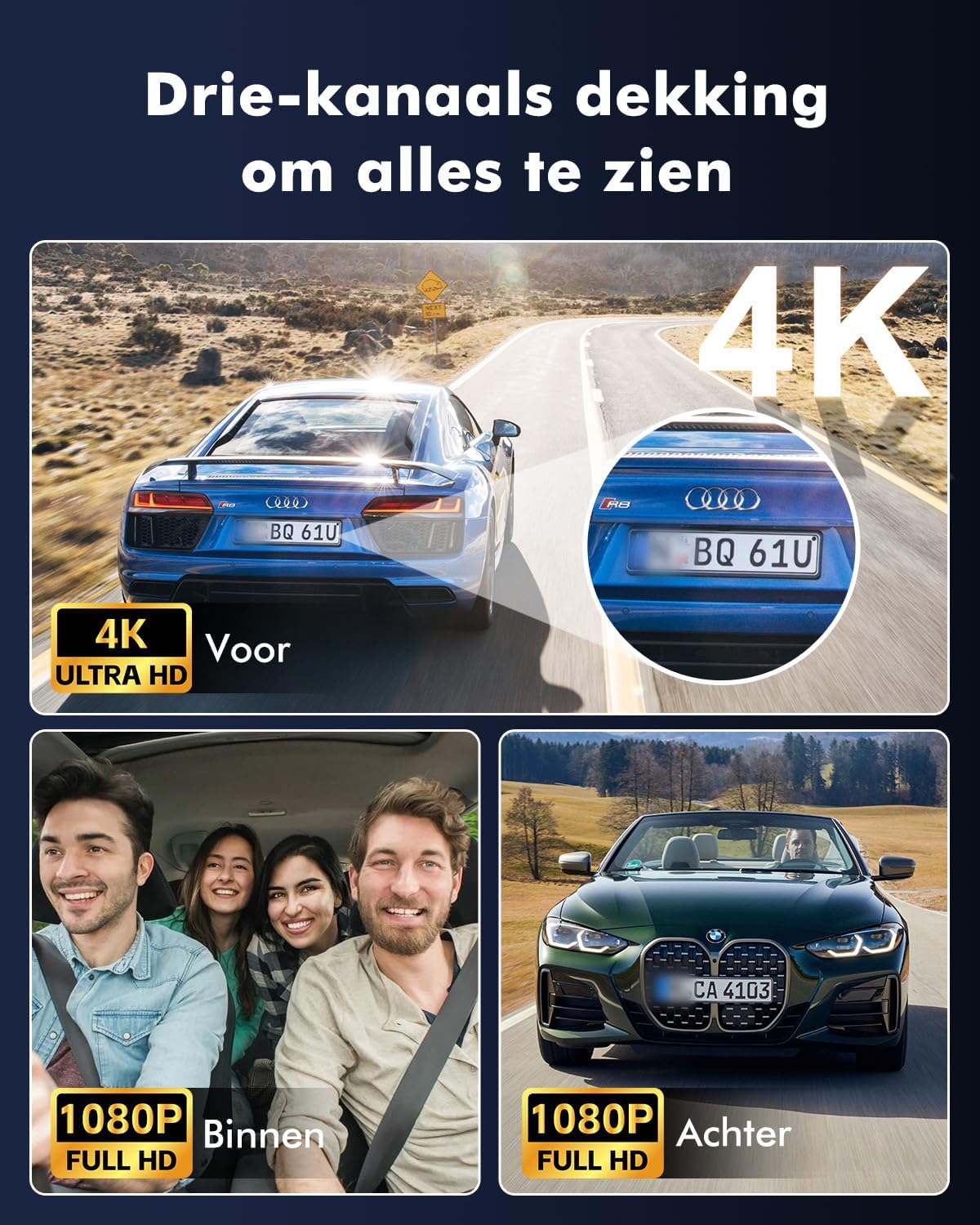 3-Kanaals Dashcam Auto, 4K UHD Voorkant + Full HD Achter + Interieur, Dashcam met 24u Parkeerbewaking, WiFi 6 & GPS, HDR/WDR Nachtzicht, 3 inch IPS dash cam met 64GB kaart (V1)