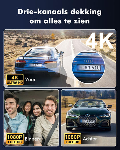 3-Kanaals Dashcam Auto, 4K UHD Voorkant + Full HD Achter + Interieur, Dashcam met 24u Parkeerbewaking, WiFi 6 & GPS, HDR/WDR Nachtzicht, 3 inch IPS dash cam met 64GB kaart (V1)