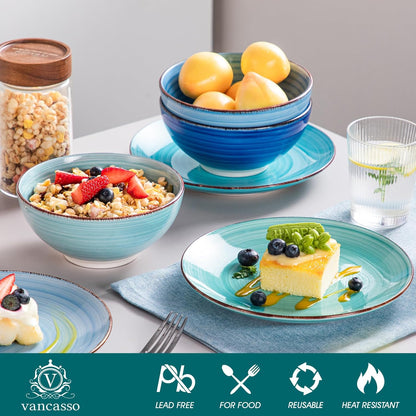 vancasso Bonita Blauwe Dinerset, 24-delig dinerservies voor 6 personen, handbeschilderde draaiende borden en kommen in moderne stijl, inclusief dinerborden, dessertborden, pastakommen en ontbijtkommen