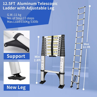 JADDUO Telescopische vouwladder, antislip, 3,8 m, intrekbare treden, aluminium bouwmarkt, inklapbaar, uittrekbaar, unieke rechtse multifunctionele ladder, draagkracht 150 kg