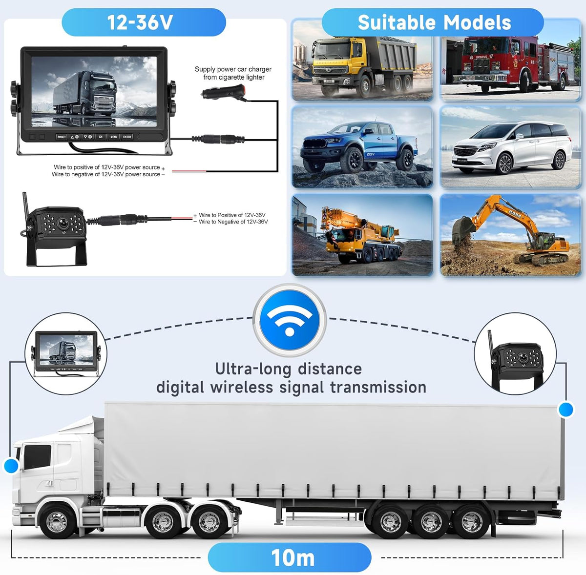 Hodozzy Achteruitrijcameraset, 2 camera's, digitaal, draadloos, 7 inch IPS-beeldscherm, monitor, waterdicht, infrarood, led-nachtzicht, dubbele achteruitrijcamera, draadloze ondersteuning, lusopname,