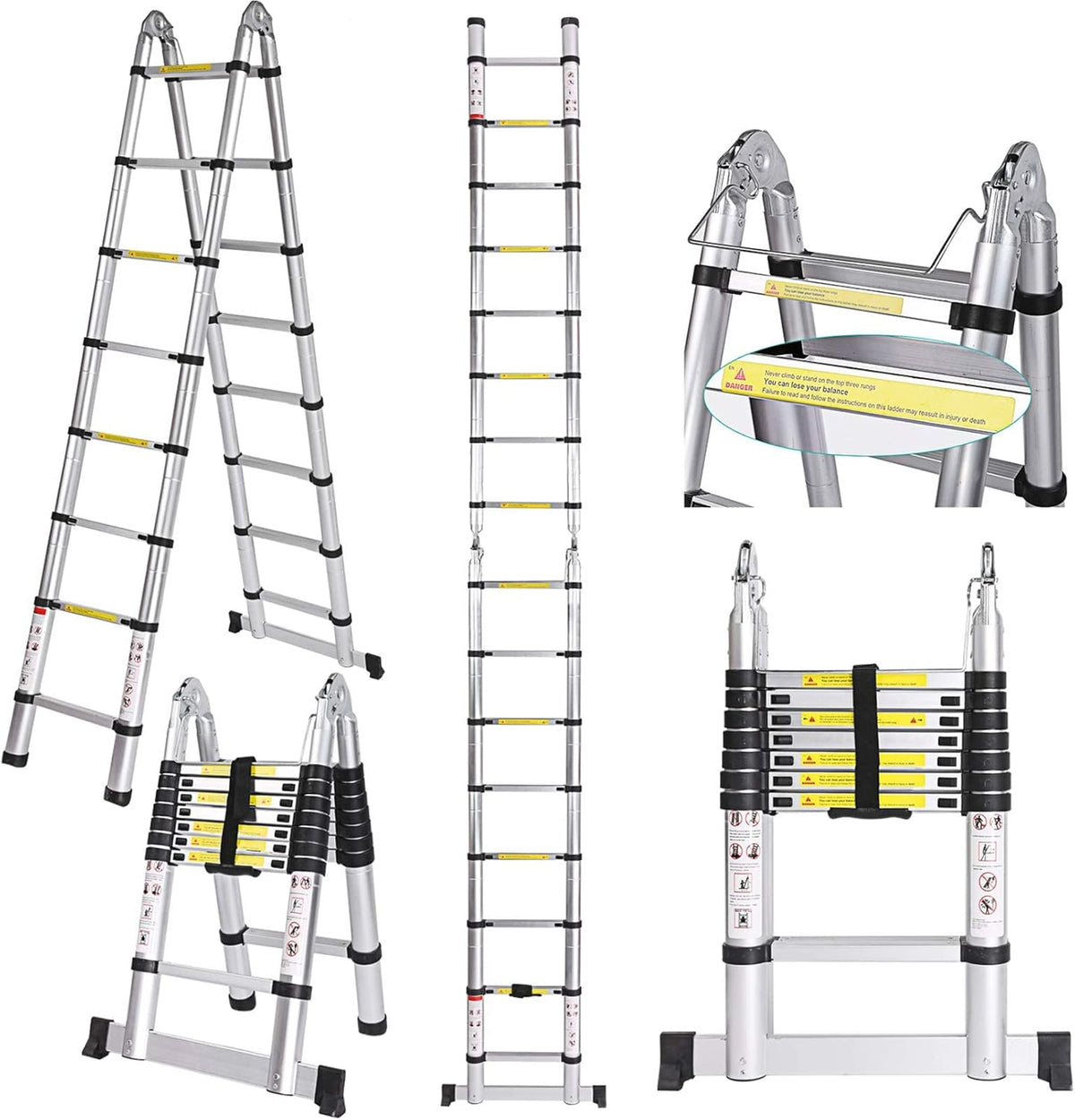Nictemaw Scala Telescopica da 5 m, Scala Pieghevolein alluminio multifunctioneel 2 in 1 per interne Esterni, capaciteit 150 kg (2,5 m + 2,5 m)