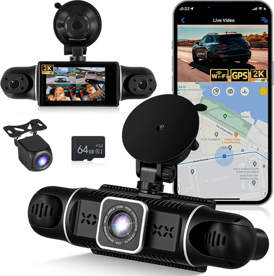 NHOPEEW 3 inch WiFi 2K Dashcam Auto DVR 4-kanaals 360° camera binnen links/rechts + achter 1080p nachtzicht, G-sensor, loop-opname