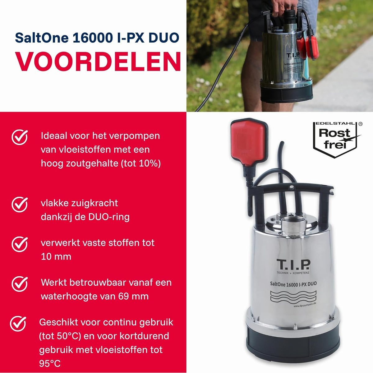 T.I.P. SaltOne 1600 I-PX DUO Dompelpomp voor zout water, debiet tot 16.000 l/u, max. opvoerhoogte/max. druk 10 m/1,0 bar, vloeistoffen tot 50°C, voor sop, ca. 4 min. tot 90 °C mogelijk