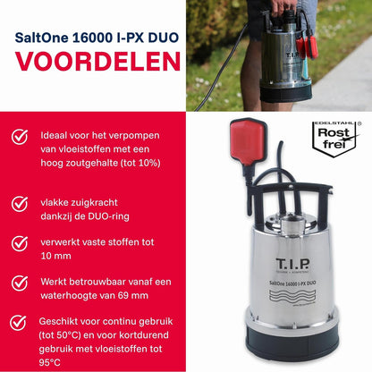 T.I.P. SaltOne 1600 I-PX DUO Dompelpomp voor zout water, debiet tot 16.000 l/u, max. opvoerhoogte/max. druk 10 m/1,0 bar, vloeistoffen tot 50°C, voor sop, ca. 4 min. tot 90 °C mogelijk