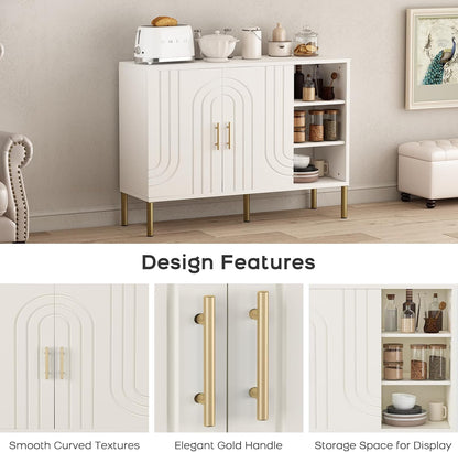 Buffetkast met gebogen texturen | Multifunctionele Sideboard - 2 deuren & 3 planken | Crème kleur 110x35x82 cm