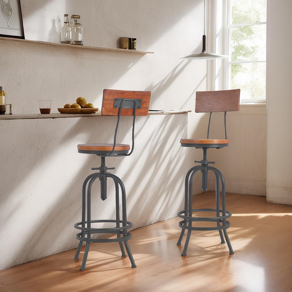 Set van 2 industriële barkrukken met rugleuning, draaibare houten zit-bar in hoogte verstelbaar 26-32 inch keuken eiland eetkamerstoel