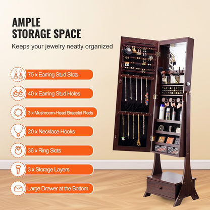VEVOR Sieradenkast, 41 x 36 x 157 cm, met spiegel, sieradenspiegel-organizer met slot en full-body spiegel, fluwelen voering, ledlicht, lade voor sieraden, effecten, bruin