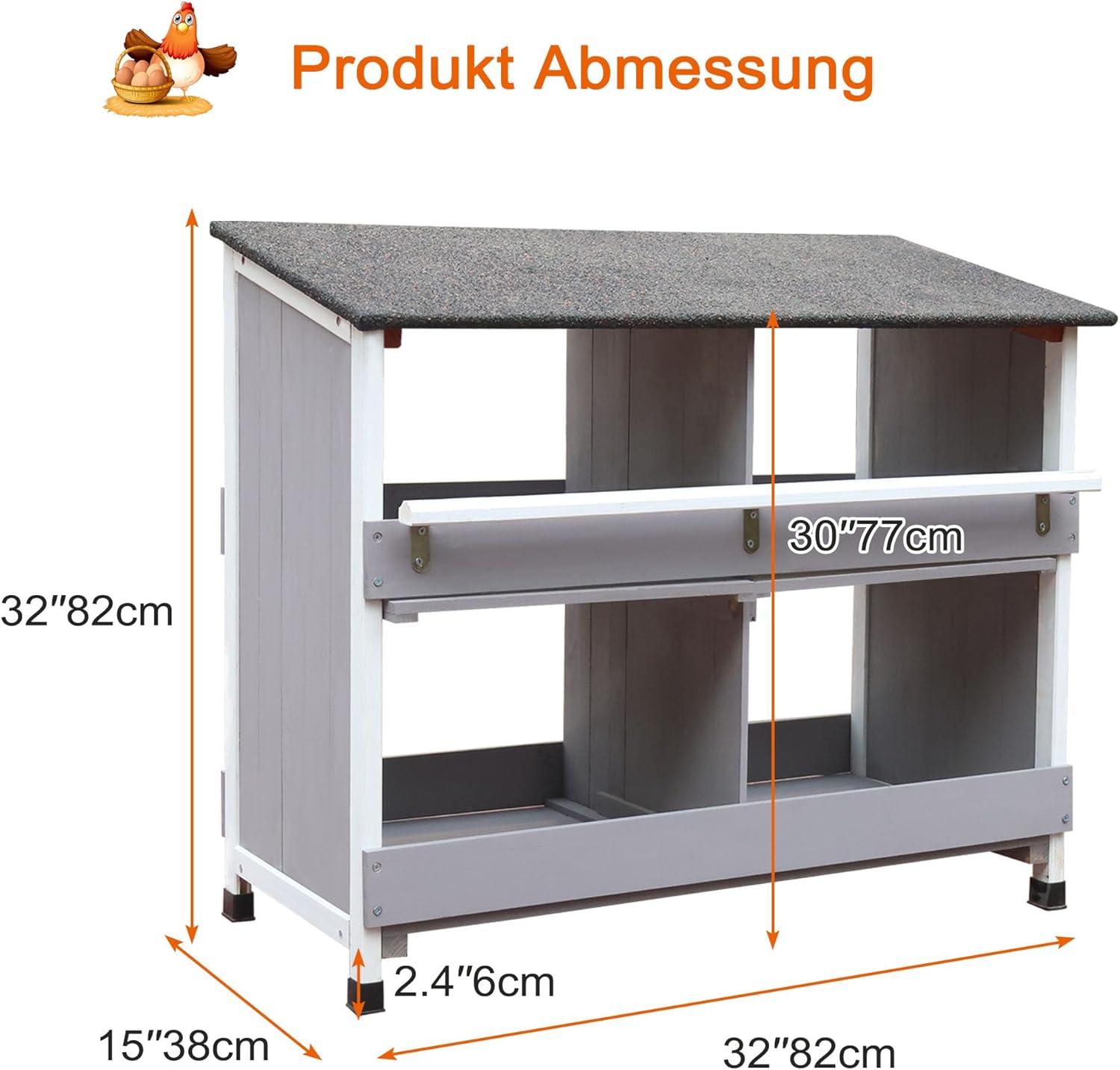 Chicken nest for chickens, chicken nest with sloping bottom, with ventilation holes, easy cleaning, 4 compartments chicken coop winter proof, L x W x H 82 x 38 x 82 cm, storage room - QUORE