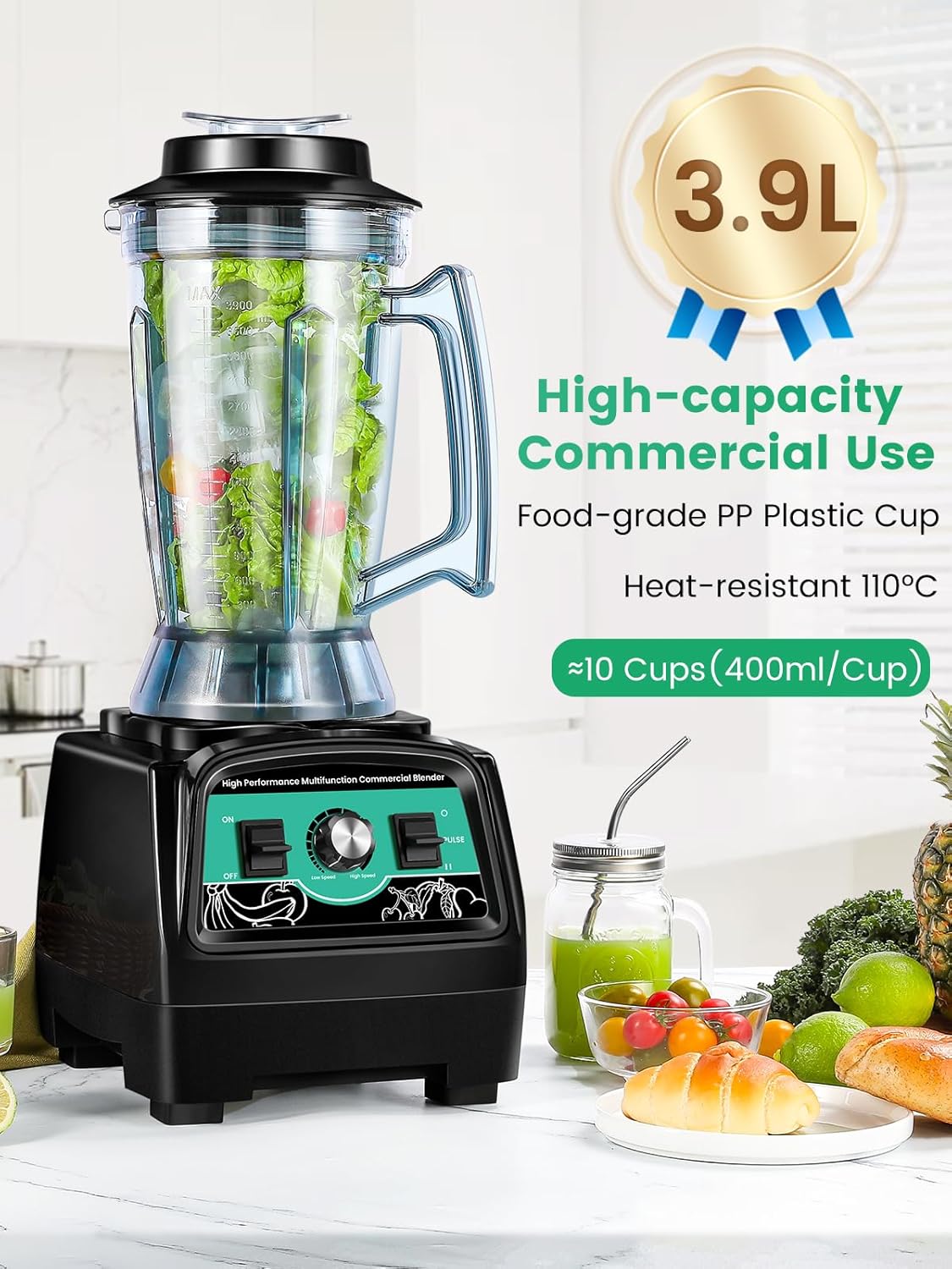 Huanyu Blender Smoothie Maker 3,9L Grote Capaciteit Commerciële Mixer Blender 2800W Hoge Snelheid Multifunctionele Kruik Blenders voor het verpletteren van ijs, fruit, groentesap, babyvoeding,