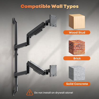 Dubbele monitor muurbevestiging voor 17-49 inch ultrabrede beeldschermen, volledig verstelbare gasveermonitorarm, houdt tot 20 kg per arm, VESA 75/100 mm, ruimtebesparende bureauoplossing voor kantoor