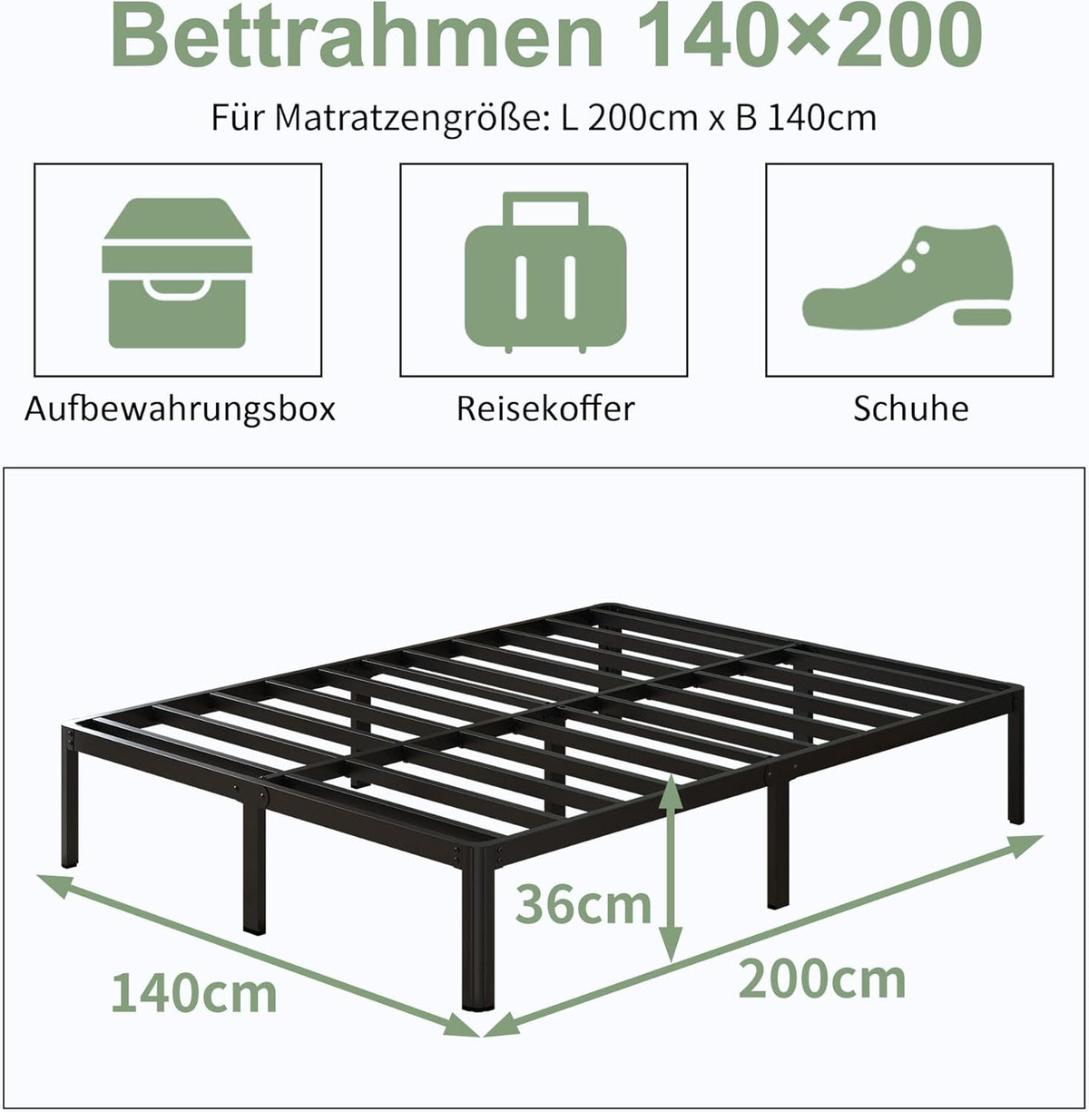 Metalen Bed 140x200 cm met Ronde Poten, Hoogte 36cm Jeugdbed Frame met Metalens Lattenbodem, Zwart