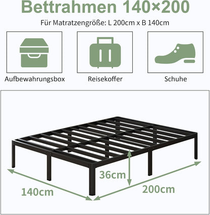 Metalen Bed 140x200 cm met Ronde Poten, Hoogte 36cm Jeugdbed Frame met Metalens Lattenbodem, Zwart