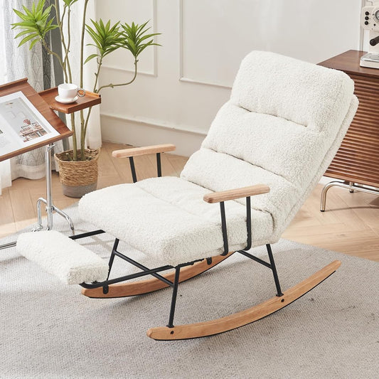 Schommelstoel – Schommelstoel Met Voetensteun – Relaxstoel – Fauteuil – Lounge Stoel – Verstelbare Rugleuning – Bouclé Stof Met Metalen Poten En Houten Basis