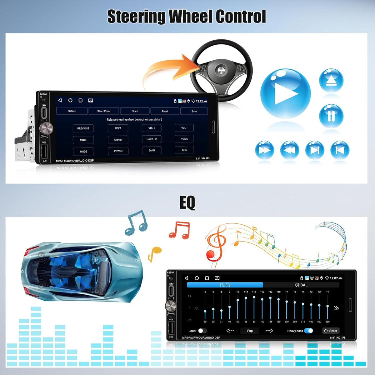 OiLiehu 2+32G Android 13 1-DIN Autoradio met Draadloze CarPlay & Android Auto, 6.9" IPS Radio met Scherm
