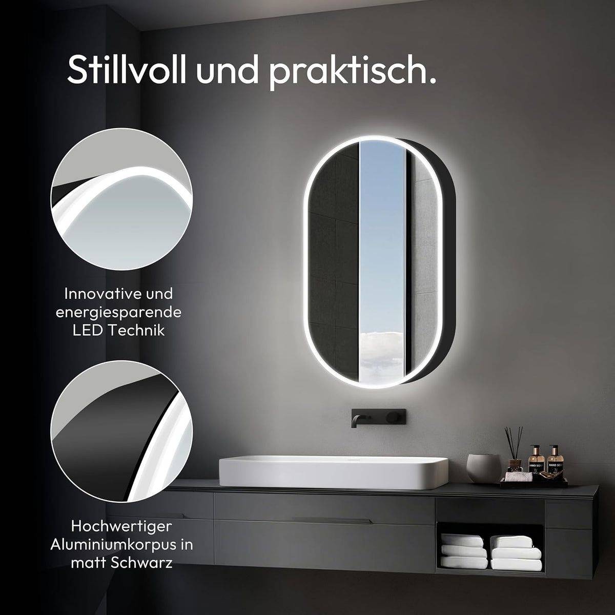 Talos Vento Ovale spiegelkast met verlichting, 45 x 80 cm, zwart, spiegelkast badkamer met 2 legplanken, aluminium, achterwand gespiegeld