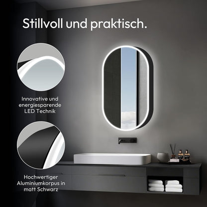 Talos Vento Ovale spiegelkast met verlichting, 45 x 80 cm, zwart, spiegelkast badkamer met 2 legplanken, aluminium, achterwand gespiegeld