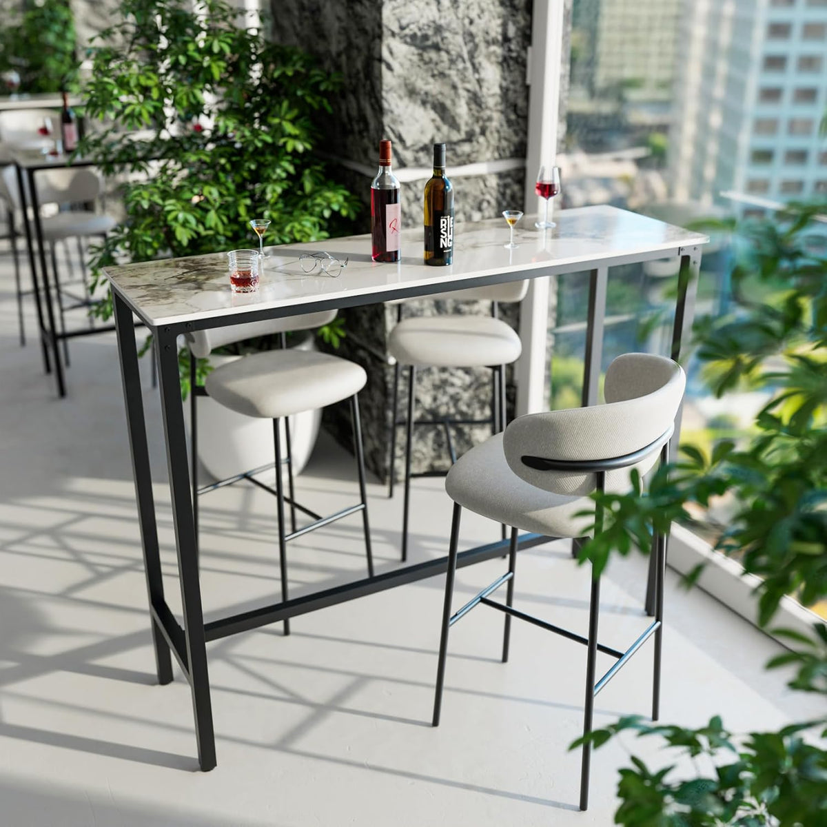 FATIVO Bar Table, Emerald, White, Bistro Table, Marble Bar Table, Kitchen Table, Rectangular, Narrow with Black Metal Frame, for Kitchen, Living Room, Dining Room, 120 x 40 x 105 cm - QUORE