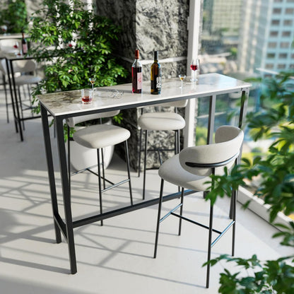 FATIVO Bar Table, Emerald, White, Bistro Table, Marble Bar Table, Kitchen Table, Rectangular, Narrow with Black Metal Frame, for Kitchen, Living Room, Dining Room, 120 x 40 x 105 cm - QUORE