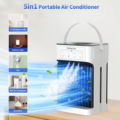 Mobiele Airco - Draagbare Airconditioning - Mini-Airconditioning - 1100ml - met Waterkoeling - 3 Luchtsnelheden - 3 Koelnevel - 2-8 uur Timer - 7 LEDS - voor Kamers - 17 x 15 x 27 cm - Wit/ Zwart - QUORE