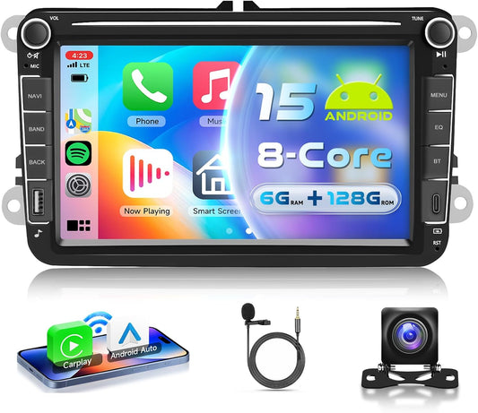 8 Core 6G + 128G Car Radio, Android 15 for VW Golf 5 6 Passat Jetta Caddy EOS T5 Tiguan Touran CC Polo, 8 Inch HD IPS Touch Screen co Carplay Android Car GPS WLAN USB Type C Bluetooth FM - QUORE