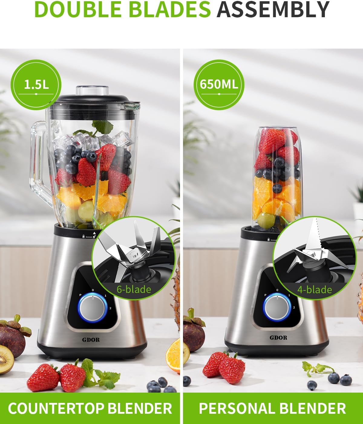 GDOR 1200 W blender glas 2-1 mixer smoothie maker met 1,5 l glazen kan en 650 ml reisbeker 3 snelheden high-performance mixer professionele blender voor smoothies shakes bevroren dranken sauzen
