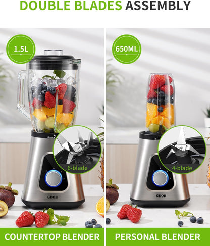 GDOR 1200 W blender glas 2-1 mixer smoothie maker met 1,5 l glazen kan en 650 ml reisbeker 3 snelheden high-performance mixer professionele blender voor smoothies shakes bevroren dranken sauzen