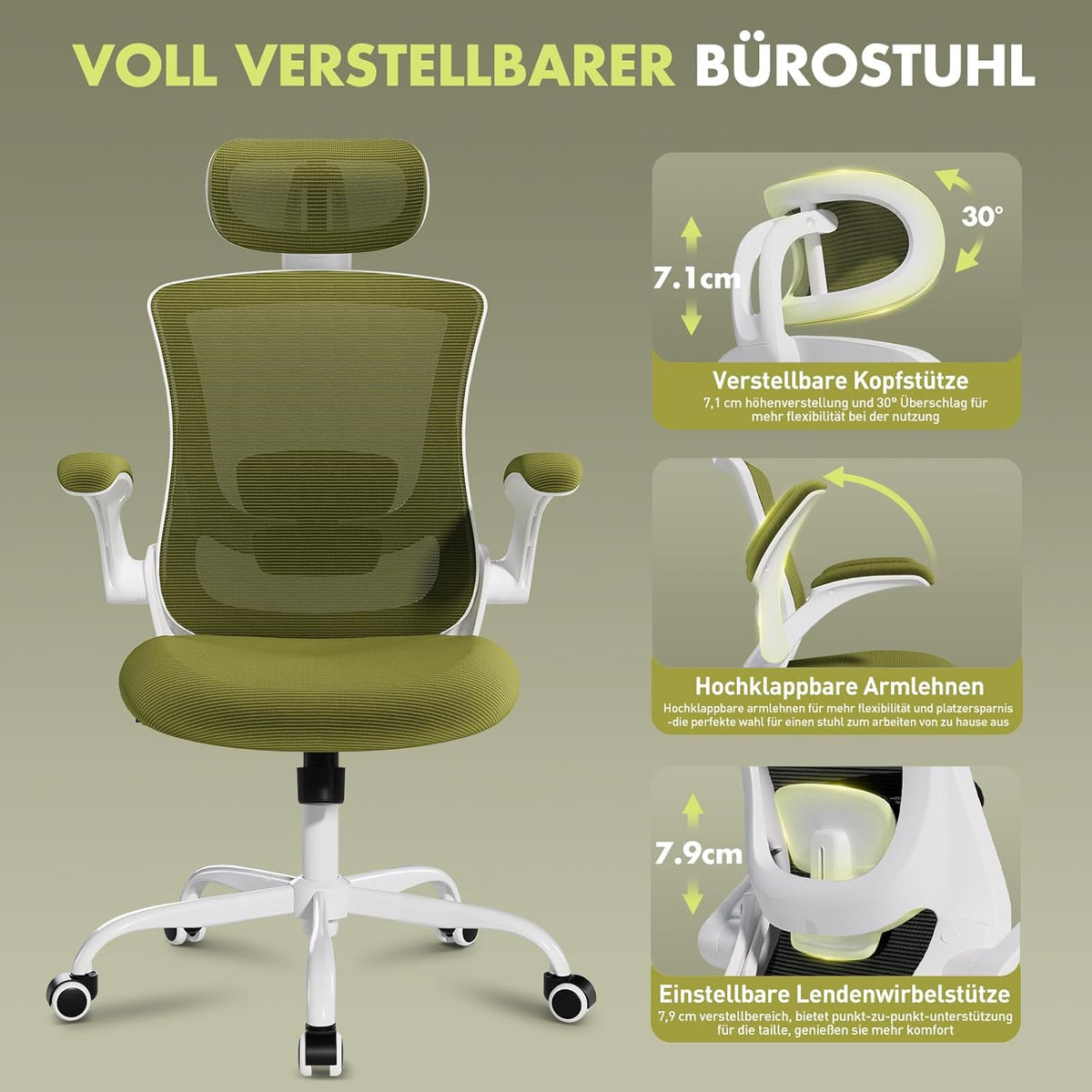 COLAMY Bureaustoel, mesh, computerstoel met verstelbare hoofdsteun en lendensteun, ergonomische werkstoel met opklapbare armleuning, 140 graden kantelfunctie, groen