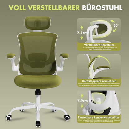 COLAMY Bureaustoel, mesh, computerstoel met verstelbare hoofdsteun en lendensteun, ergonomische werkstoel met opklapbare armleuning, 140 graden kantelfunctie, groen