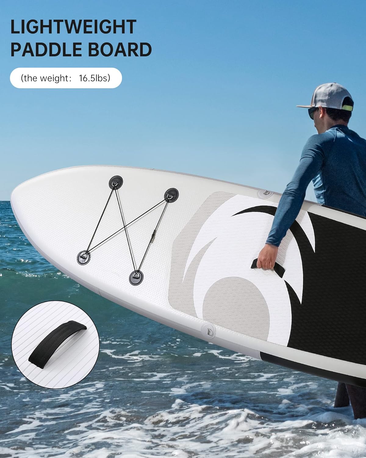 BODIOO Opblaasbaar paddleboard, stand-up paddle-board, SUP met premium paddle-board-accessoires en antislip dek, ISUP-rugzak-paddle-lijnpomp voor visyoga, voor volwassenen en jongeren en kinderen, wit