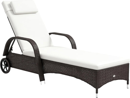 Outsunny Garden Lounger, Sun Lounger, Rattan Lounger with Tilting Backrest, Garden Furniture, Mobile with Cushion, Poly Rattan + Metal, Black, 200 x 73 x 30-103 cm - QUORE