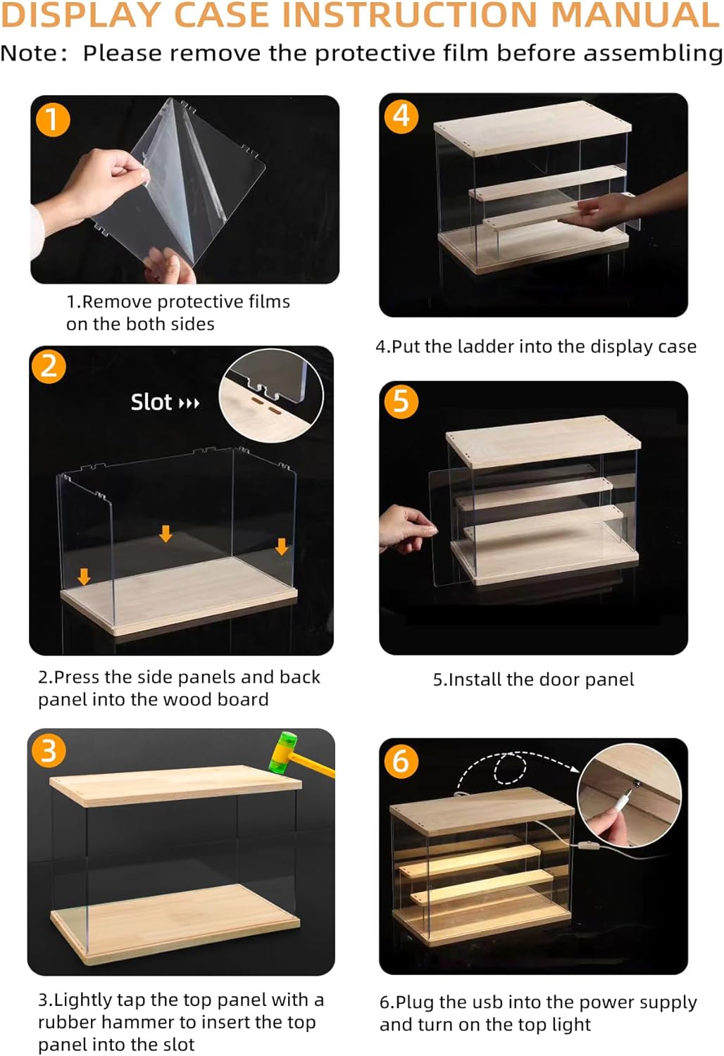Doorzichtige Acrylen Vitrine met Licht Verlichting, 3/4/5/6 Laags Stofdichte Bescherming LED Displaykast voor Miniaturen, Modelauto’s, Actiefiguren (Hout, 6 Laags-50x32x42cm)