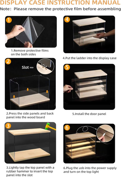 Doorzichtige Acrylen Vitrine met Licht Verlichting, 3/4/5/6 Laags Stofdichte Bescherming LED Displaykast voor Miniaturen, Modelauto’s, Actiefiguren (Hout, 6 Laags-50x32x42cm)