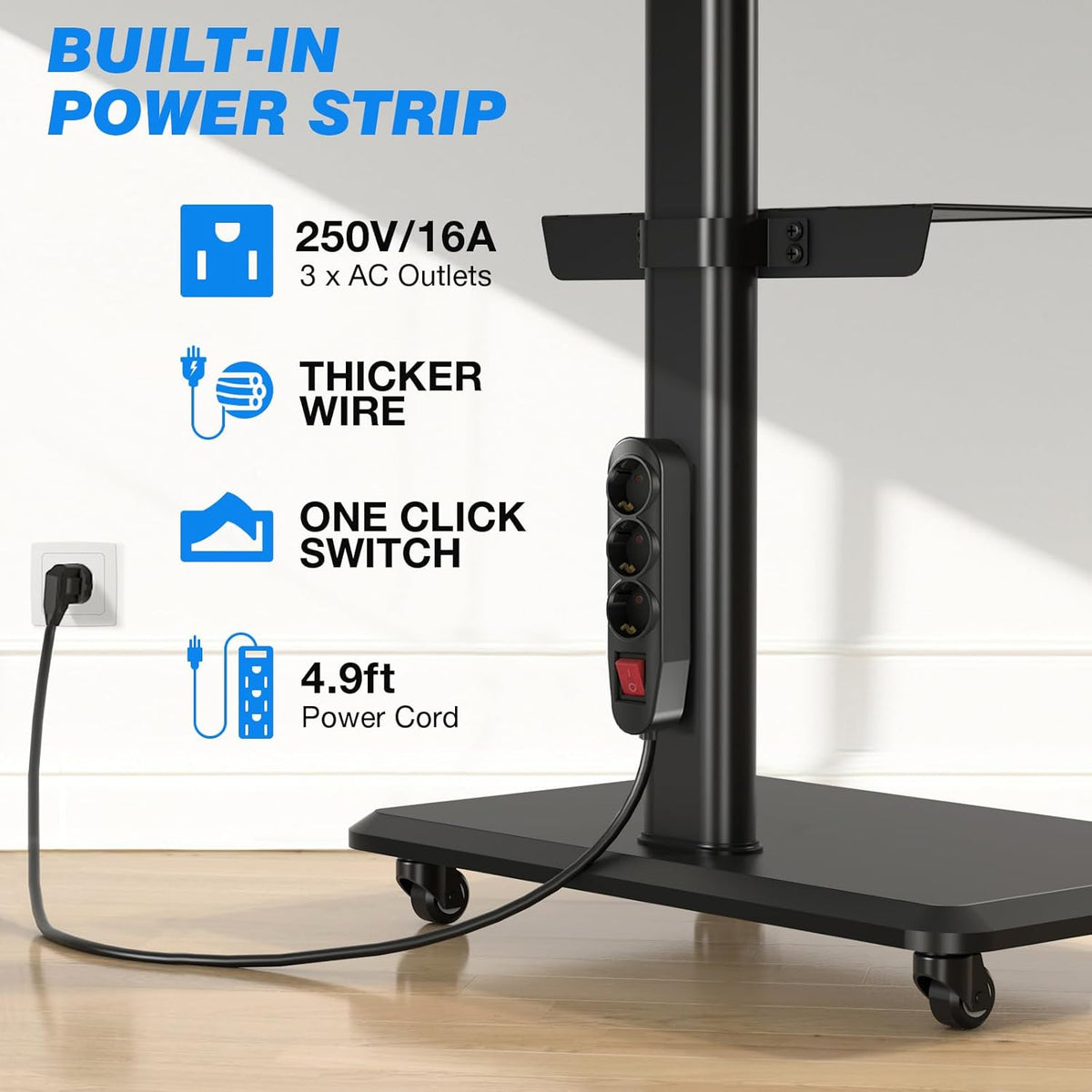 5Rcom Mobiele tv-standaard op wielen voor platte gebogen 32-55 inch tv's, draaibare rollende tv-standaard met houten basis, in hoogte verstelbaar met één plank Max VESA 400x400 mm tot 35 kg
