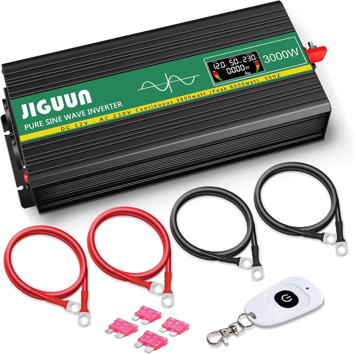 JIGUUN 3000W omvormer 12v naar 230v zuivere sinus inverter met draadloze afstandsbediening LCD-scherm 2 Eu-stopcontact & 1 USB-poort Piekvermogen 6000W voor auto, camping, reizen (3000W12V)