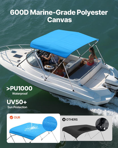 VEVOR Bimini-tops met 3 bogen, 600D polyester luifel met aluminium frame, waterdicht en zonnescherm bootluifel met opbergtas, 2 steunstangen, 4 riemen, 6'Lx (67"-72") Bx46"H, Pacific Blue