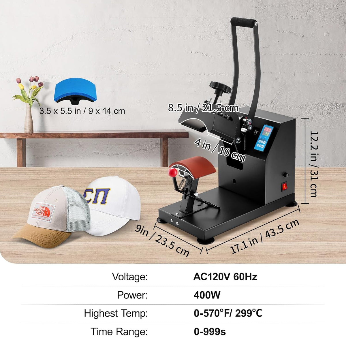 VEVOR Hoed Heat Press 5,5 x 3,5 inch Warmtepers Machine 600 W Professionele Hoed Warmtepers Machine voor Hoeden Caps Transfer Press Warmte met 12000 Uur Levensduur Digitale LCD-Timer en Temperatuurregeling