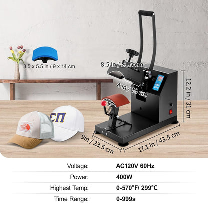 VEVOR Hoed Heat Press 5,5 x 3,5 inch Warmtepers Machine 600 W Professionele Hoed Warmtepers Machine voor Hoeden Caps Transfer Press Warmte met 12000 Uur Levensduur Digitale LCD-Timer en Temperatuurregeling